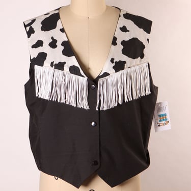 1980s Black and White Novelty Cow Print Fringe Button Down Western Vest -XL 