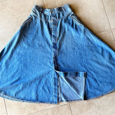 80's Blue Jean Denim Skirt by LIZWEAR, Full Flared A Line 1980's Vintage Skirt Dress Boho Western Hippie Festival High Waist 