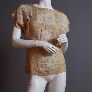 1970s top handmade with open crochet squares - vintage woven fabric shirt in tan with beige hand-crochet sheer panels 