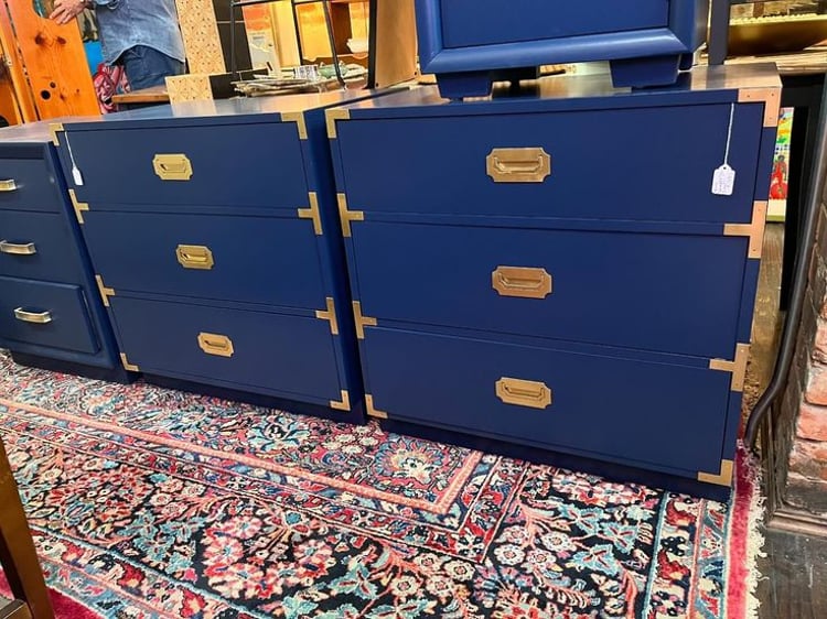 A pair! Blue painted three drawer campaign style chests, 2 available 30” x 19” x 30.25” Call 202-232-8171 to purchase 