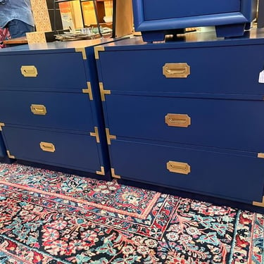 A pair! Blue painted three drawer campaign style chests, 2 available 30” x 19” x 30.25” Call 202-232-8171 to purchase 