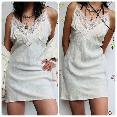 Vintage Off White Silk Lace Slip Dress – Boho Fairy Babydoll – Coquette Rococo 