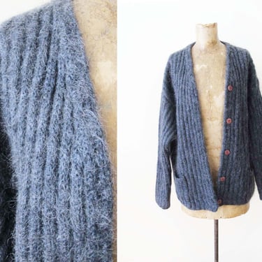 Vintage 90s Mohair Cardigan M - 1990s Charcoal Grey Ribbed Fuzzy Knit Grunge Cardigan Sweater 
