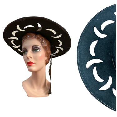 YEAR END SALE /// 50s Black Moon Cut Out Felt Hat / 1950s Vintage Wide Brim Witchy Goth Hat 