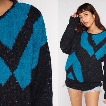 80s Flecked Black Sweater -- 90s Knit Sweater Geometric Print Blue Knit Oversized Slouchy Jumper Vintage Pullover Retro Acrylic Wool 2xl xxl 