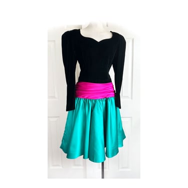 1980's Vintage Silk Evening Gown Dress, Full Skirt, Petticoat, Black Velvet Party Dress Designer, Full Skirt, Hot Pink Green 