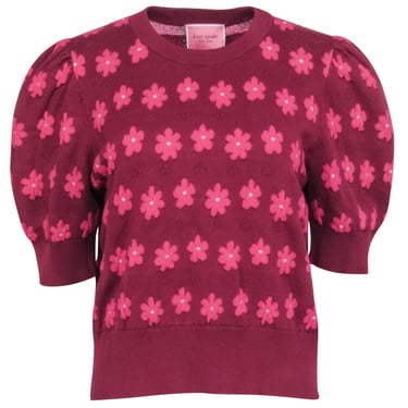 Kate Spade - Maroon &amp; Pink &quot;Marker Floral&quot; Short Sleeve Sweater Sz XL