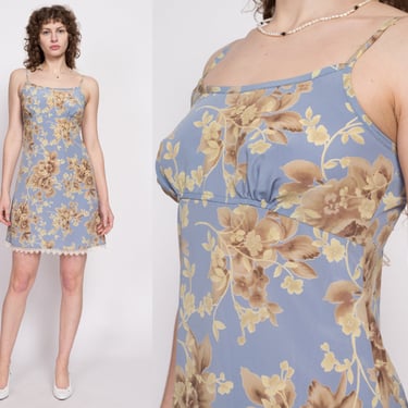 90s Blue Floral Mini Sundress - Small | Vintage Boho Grunge Spaghetti Strap Scalloped Lace A-Line Dress 