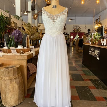 mike benet gown, sheer white chiffon, 1960s formal, sequin dress, x-small, 24 25 waist, nude illusion, prom 