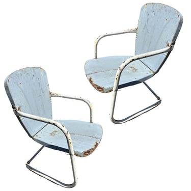 Mid-century Steel Flat Iron Springer Patio Outdoor Lounge Chair, Pair 