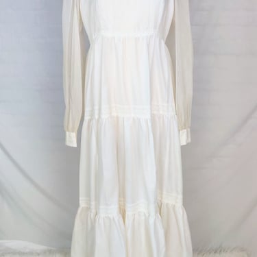 White 70s 80s Dotted Swiss Dress // Sheer Sleeves Floor Length Cottagecore 