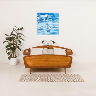 Scandinavian mid century queen size bed with  nightstands and a lamp, Norway 1950s 
