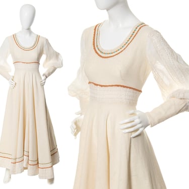 Vintage 1970s Maxi Dress | 70s Gunne Sax Style Cream Cotton Circle Skirt Lace Bishop Mutton Sleeve Ren Faire Prairie Boho Dress (medium) 