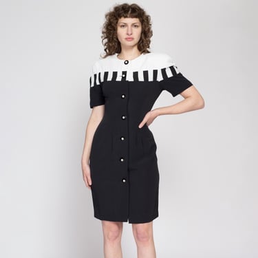 Medium 80s Black & White Piano Key Mini Dress | Vintage Button Up Short Sleeve Sheath Cocktail Dress 