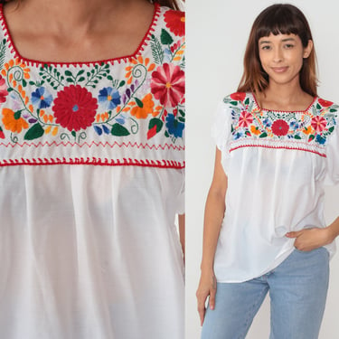 Floral Embroidered Blouse 90s Mexican Top White Peasant Hippie Short Sleeve Tent Shirt Summer Puebla Festival Red Flower Vintage 1990s Small 