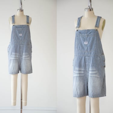 striped overall shorts | 90s vintage blue white hickory stripe pinstripe loose cotton romper 