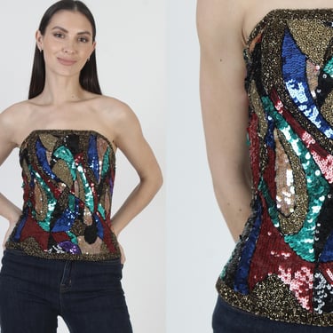 Strapless Sequin Top, Bright Beaded Bustier, 80s New Years Eve Blouse, Vintage Gold Party Shirt 