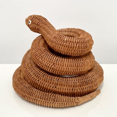 Vintage Wicker Snake Sculpture- Rattan Animal Mario Lopez Torres Style 