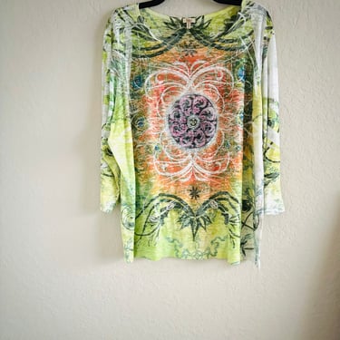 VTG Y2K Reba Top Green Orange Tie Dye Embellished Tee Women 3X Boho Art Kitsch USA 