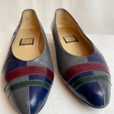 1980’s retro Multi color leather shoes by Nina slip on flats women’s vintage fashion grey blue green red US size 7 