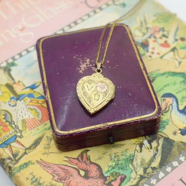 Vintage 1940s Heart Locket w Forget-me-Not | Initials VD 