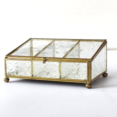 Vintage Brass Frame Patterned Glass Jewelry Keepsake Box with Frosted Bird Motif and Mirrored Bottom 