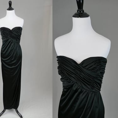70s Victor Costa Dress - Black Formal Party Gown - Strapless Tall Slender Gathered Wrap - Saks Fifth Avenue - Vintage 1970s - S 