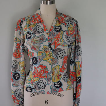 RESERVED For M R Vintage 1940s Novelty Asian Inspired Print Rayon Blouse 