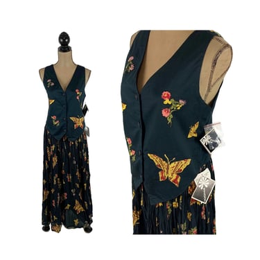 90s Black Floral India Cotton Broomstick Maxi Skirt & Vest Set, Butterfly Crinkle Gauze, Hippie Boho Clothes Women, Vintage Clothing PHOOL 
