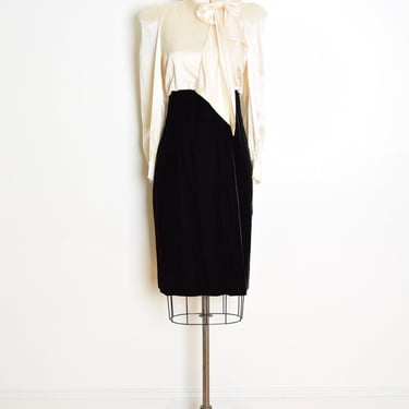 vintage 80s dress cream silk black velvet pussy bow ascot secretary midi dress M 