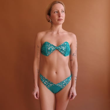 Vintage 90s Turquoise and Silver High Cut Bikini/ Size XS 