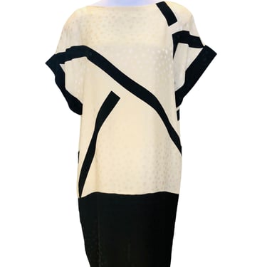 1980's Flora Kung Ivory and Silk Jacquard Shift Dress