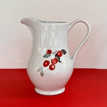 Vintage Stoneware White Pitcher by Cordon Bleu International Hand Decorated in USA Fruit Design Country Kitchen Ceramic Fruit Vase 