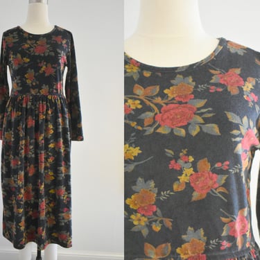 1990s Floral Stretch Velour Midi Dress 