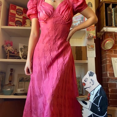 Vintage 30s Raspberry Pink Taffeta Puff Sleeve Evening Gown by TimeBa