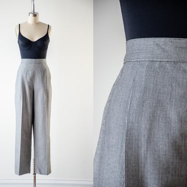 high waisted pants | 90s vintage heavy black white checkered linen style dark academia style straight leg trousers 