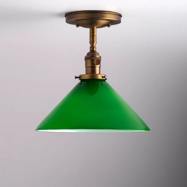 Clearance/ 2nds glass, 10&quot; Green Glass cone Semi Flush Stem Mount Light Fixture 
