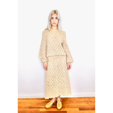 Krizia Maglia Italian Lambswool Sweater Skirt Set // vintage blouse 70s blouse boho hippie dress 1970s 70's hippy beige // S/M 