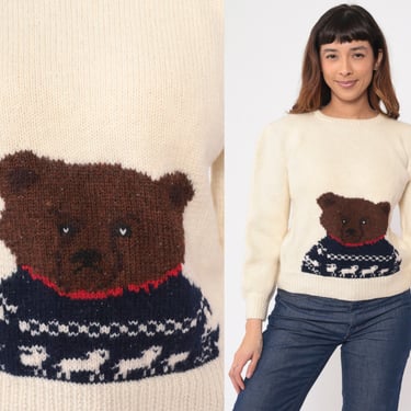 Teddy Bear Sweater 80s Cream Wool Sheep Sweater Cute Kawaii Sweater 1980s Vintage Retro Knit Pullover Small S 