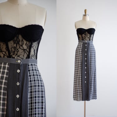 black plaid skirt 90s vintage black white patchwork plaid button down midi skirt 