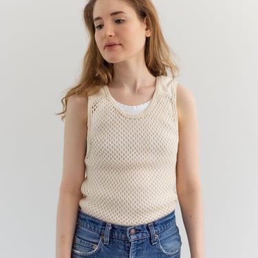 Vintage Cream Cotton Crochet Net Shirt | Swedish Fishnet Open Weave | S M | Norway 