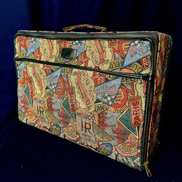 World Travels Tapestry Fabric Suitcase, Travel Bag, Vintage Luggage 