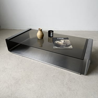 STEEL & SMOKED GLASS LOW COFFEE TABLE BY FRANCOIS MONNET, 70's