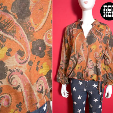 Psychedelic Vintage 70s Orange Brown Swirly Floral Boho Lurex Blend Knit Blouse 