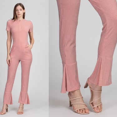 70s Pink & Silver Metallic Striped Jumpsuit - XS to Small | Vintage Zip Front Bell Bottom Disco Pantsuit 