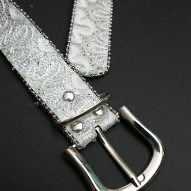Pretty Silver Glitter Lace Vintage 70s 80s Belt with Silver Buckle 