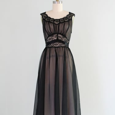 Vintage 1950's Illusion Black Nylon Lace Night Dress by Vanity Fair  / S