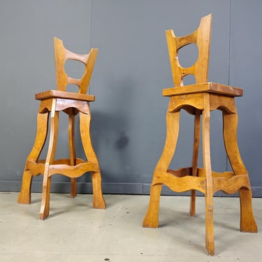Vintage brutalist bar stools, set of 4 - 1960s - vintage wooden bar stools - brutalist stools - oak bar stools - vintage bar stools 