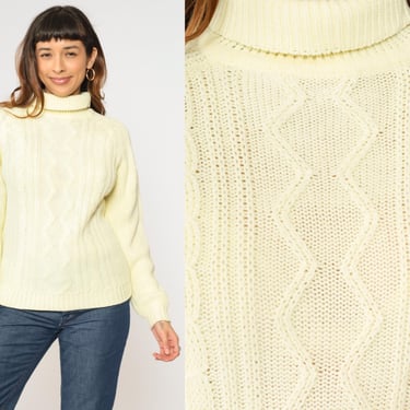 80s Turtleneck Sweater Pale Yellow Cable Knit Sweater Retro Pullover Cableknit Jumper Turtle Neck Fisherman Vintage 1980s Acrylic Medium M 