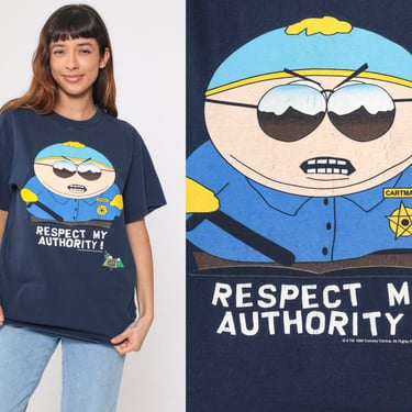 90s South Park T-Shirt Cartman Respect My Authority Tshirt 1998 Funny Slogan Cartoon Graphic Tee Single Stitch Vintage 1990s Tultex Large L 